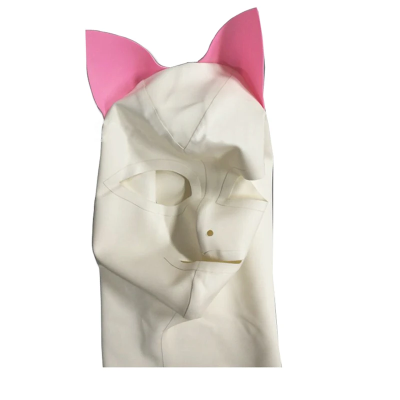 Sexy White Latex Gummi Rubber Cat Women Men Anime Cosplay Mask with Ears Custom Size Costumes Handmade Headpiece RLM214