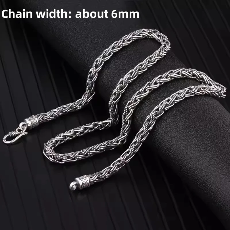 Vintage style S999 sterling silver bracelet necklace 6mm twine hand woven chain men's and women's personality punk jewelry