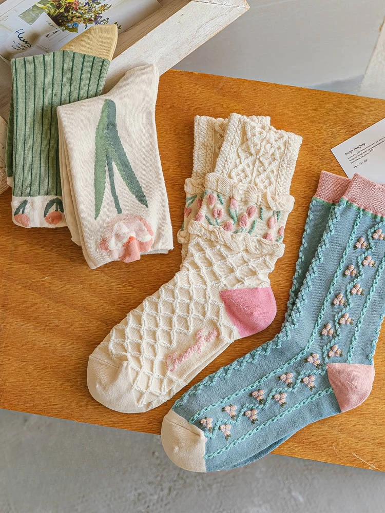 Chaussettes tulipes coréennes en coton pour femmes, mi-tube, jour de marée, été, printemps, automne, 3/4, paire