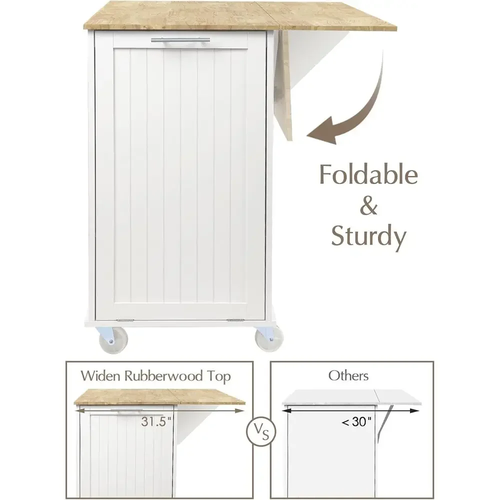 

31.5 Deep Rolling Kitchen Island Cart with Wide Drop Leaf, Mobile Island with Trash Bin & Towel Bar, White