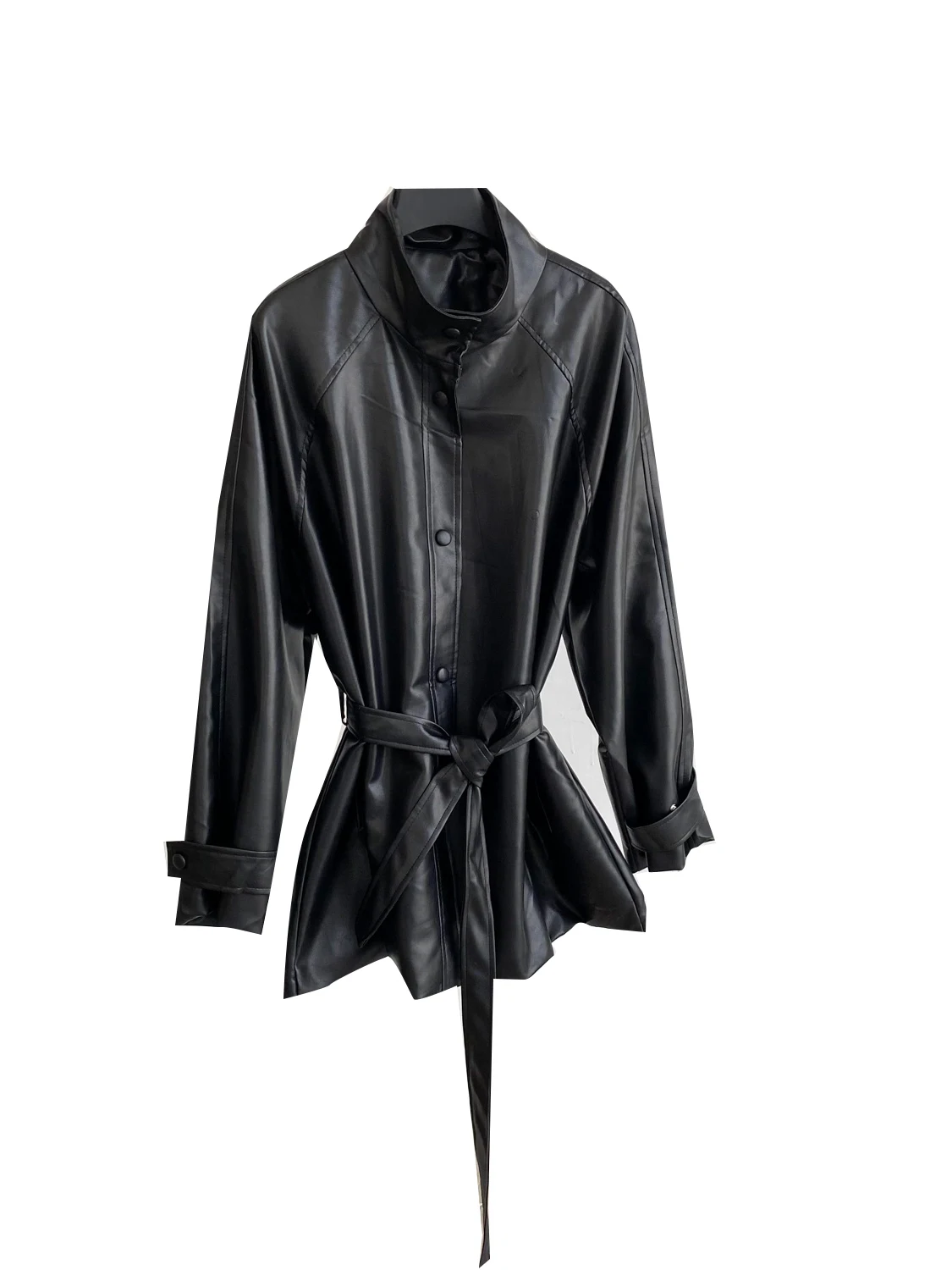 Briti Sle-abrigo con cuello levantado para mujer, chaqueta holgada informal Vintage con cinturón en la cintura, longitud media, de cuero, otoño 2025, recién llegado