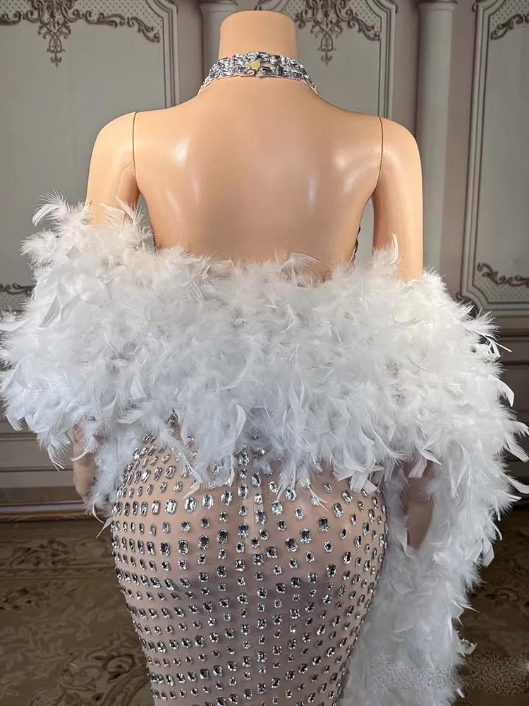 High Quality Rhinestone Sexy Neck Hanging Elastic Dress+Feather Shawl 2025 New Fashionable Custom Women'S Clothing