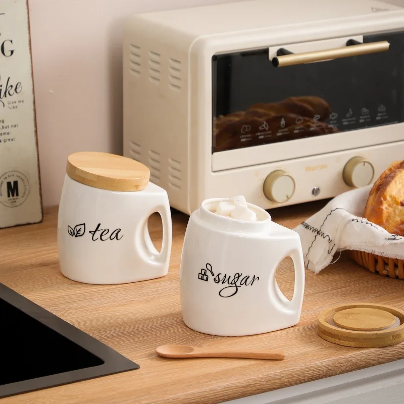 Ceramic Storage Jar with Bamboo Lid & Handle - Airtight Kitchen Canister for Sugar, Coffee, Tea - Includes Wooden Spoon