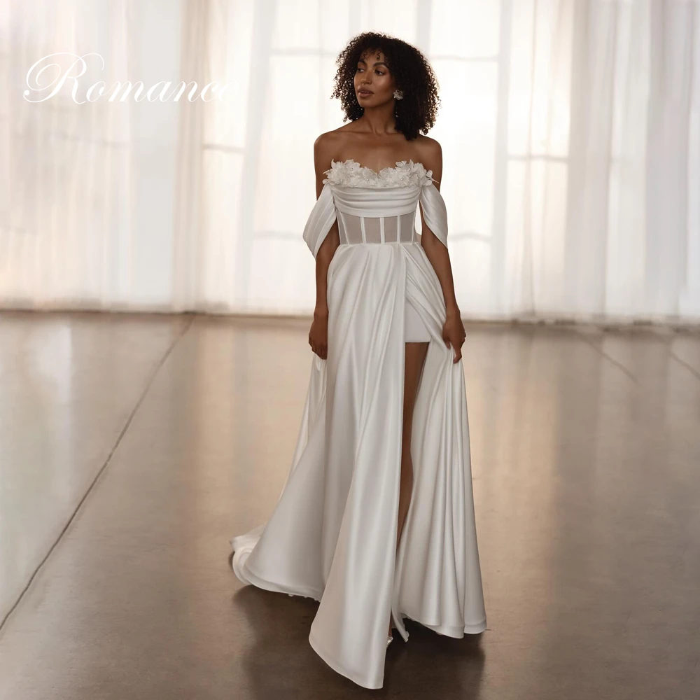 

Modern Pleat Strapless Flowers A-Line Wedding Dress High Side Slit Pearls Off The Shoulder Backless Vestidos De Novia Customized