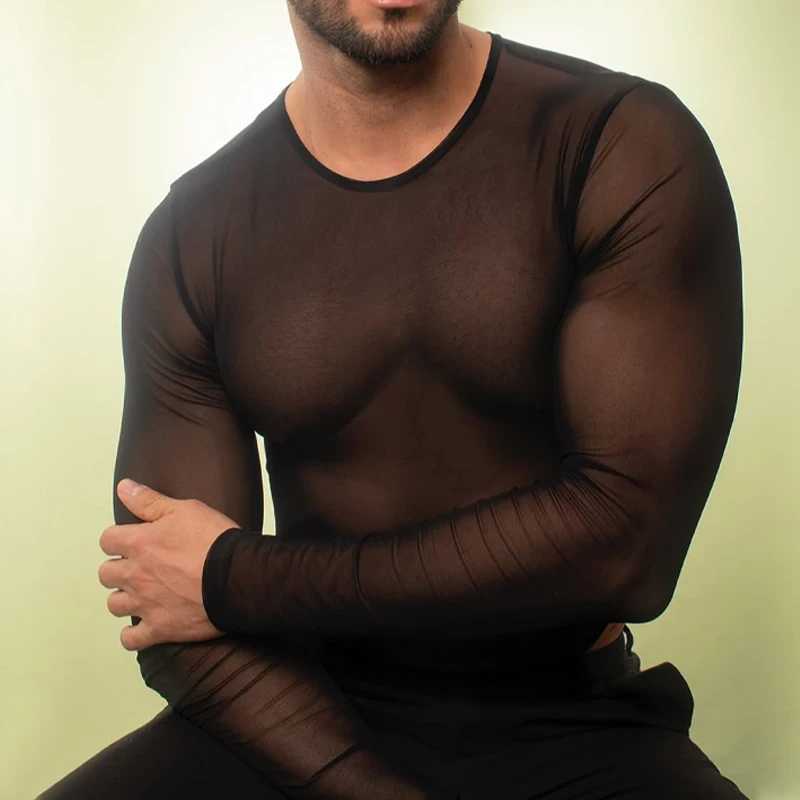 

3pcs Men Transparent Mesh Undershirts 33% Spandex Long Sleeve T-shirts Slim Fitness Gym Bodybuilding Homewear Tops Cueca