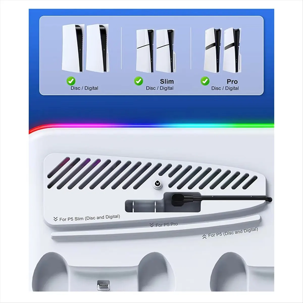  For /Slim/Pro Cooling Stand with LED Controller Charging Station, 3-Gear Cooling Fan for Console White