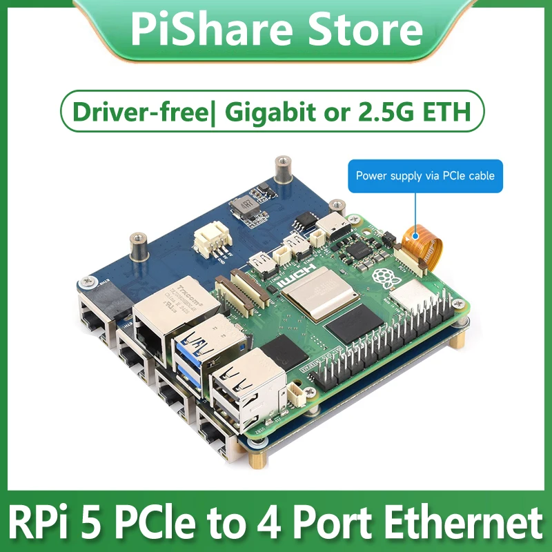 Raspberry Pi 5 PCIe TO 4-Ch Gigabit / 2.5G ETH Board (B)  Adapter RJ45 Ports