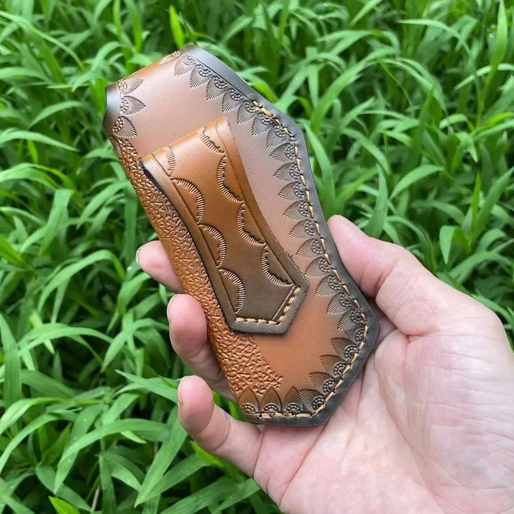 12.5cm Cowhide Material Tool Pliers Storage Bag Carved Patterned Leather Case for Folding Knife Holsters with Buckle