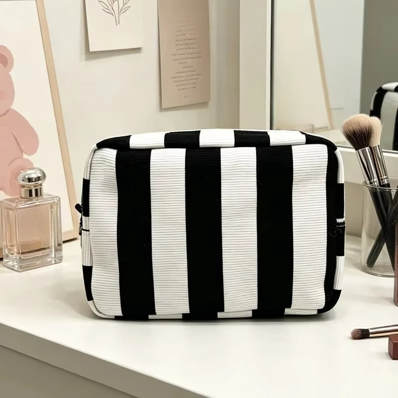 Corduroy Striped Cosmetic Bag Portable Travel Toiletry Bag Box Shaped Storage Pouch for Makeup Brush Cosmetic Organizer