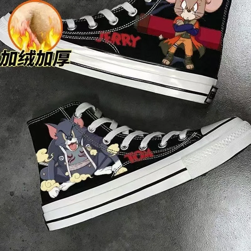 

Tom and Jerry Autumn new drop shipping Canvas Shoes Cat And Mouse plus size white man women black Board skate Shoes Boys Girls