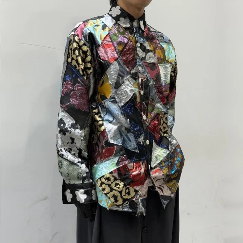 WVGA Spring Autumn New Men Vintage Patchwork Printed Trendy Long Sleeve Shirt Loose-fit Design Niche Chic Casual Tops Ins W27896