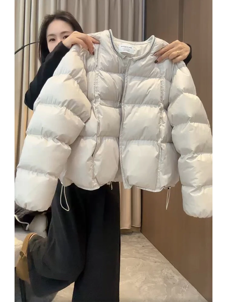 

Thiened Cotton Jaet Women's round Ne Casual Warm Winter Outerwear Faionable Commute Sle Korean Loose Fit Zipper