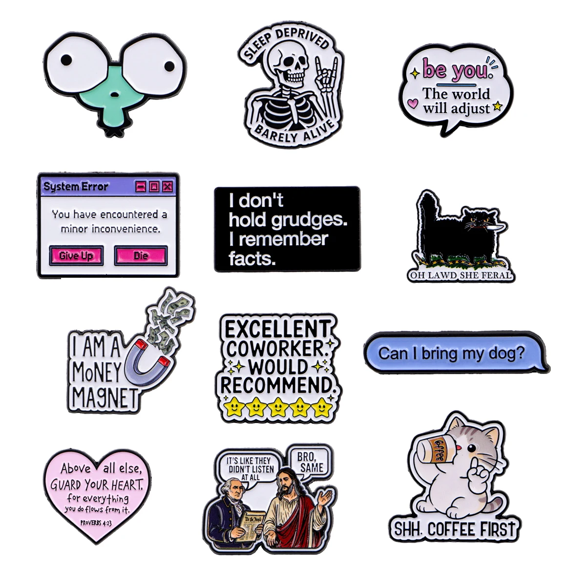 Funny Quote Enamel Lapel Brooches Sarcastic Cat Skeleton Coffee Pins for Backpacks Clothing Jackets Daily Accessories Gifts