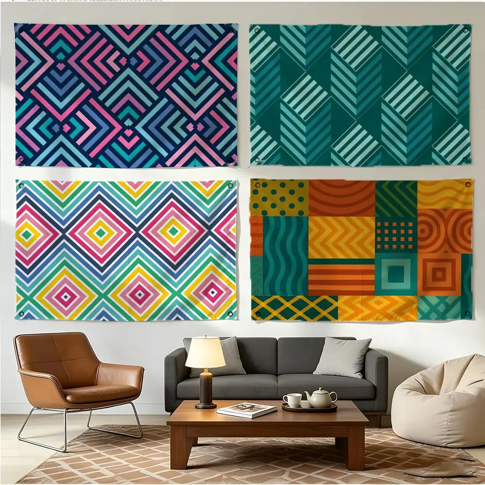 Bold Rhythmic Art C-Colorful Geometric Blocks Flags Four Ring Borderless Art Decor Indoor Outdoor Use Simple Hang And Install