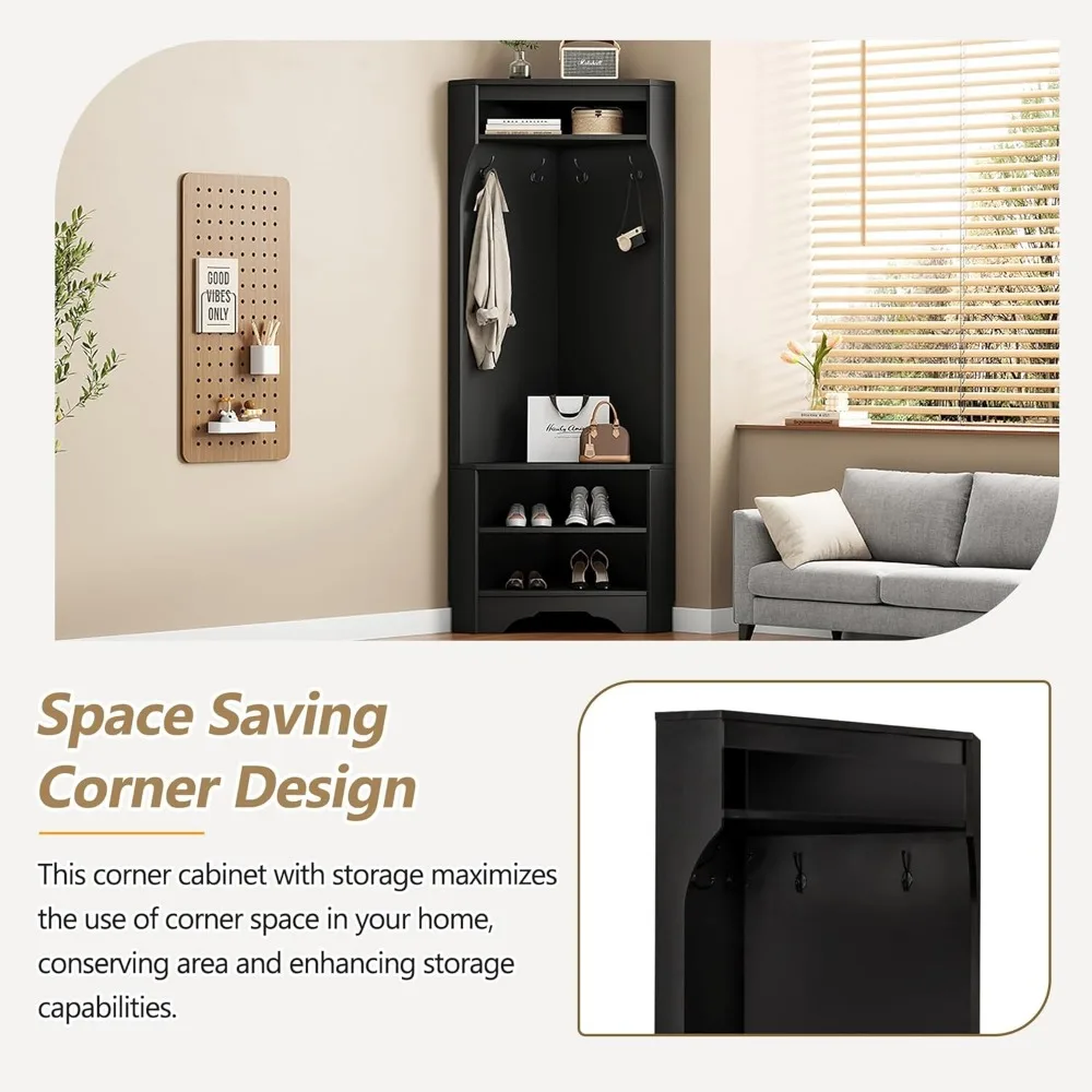 مقعد أحذية على شكل شجرة قاعة زاوية مع 4 خطافات، رف معطف متعدد الاستخدامات للمدخل، حل تخزين خزانة زاوية قابل للتعديل