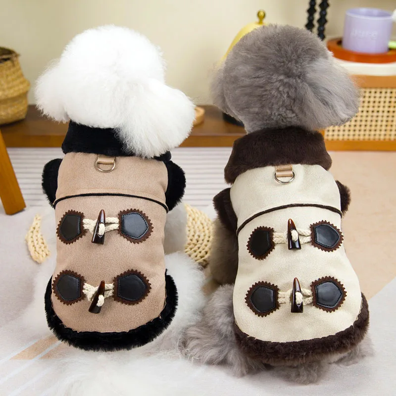 Dog Coat Jacket Winter Brown Beige Dog Clothes Fur Collar Retro Short Sleeve Pet Costume For Small Medium Dog Chihuahua Apparels