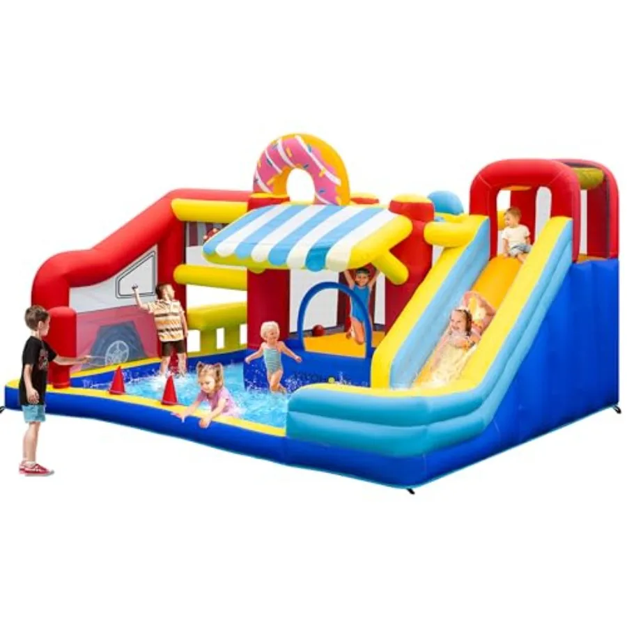 

Outdoor 9-in-1 inflatable bounce house for kids: PVC blue and red with slide basketball hoop climbing wall jumping area ball pi