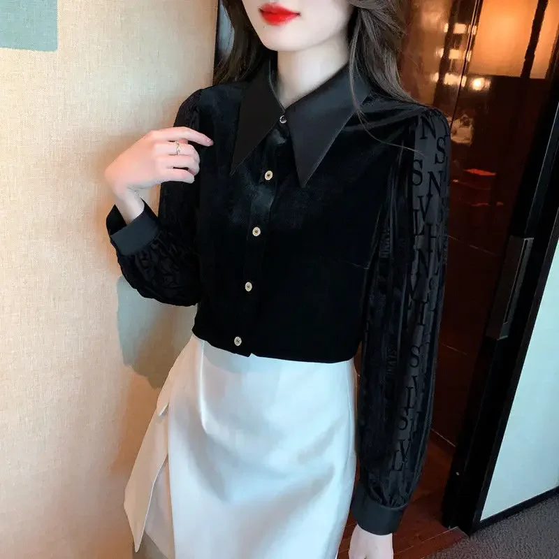 Female Tops Spring and Autumn Black Full Long Sleeve Women\'s Shirt Blouse Button Up Elegant Social Youthful Luxury High Quality