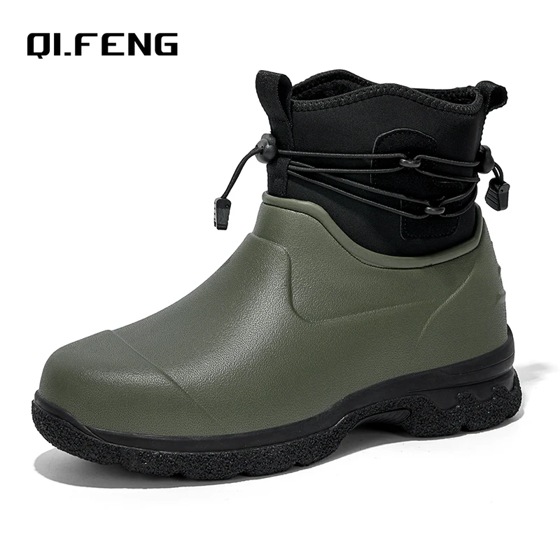 Men\'s Rain Shoes Leather Top Thick Sole High Top Anti Slip Water Shoes Outdoor Mountaineering Plush Warm Boots Work Safety Boots