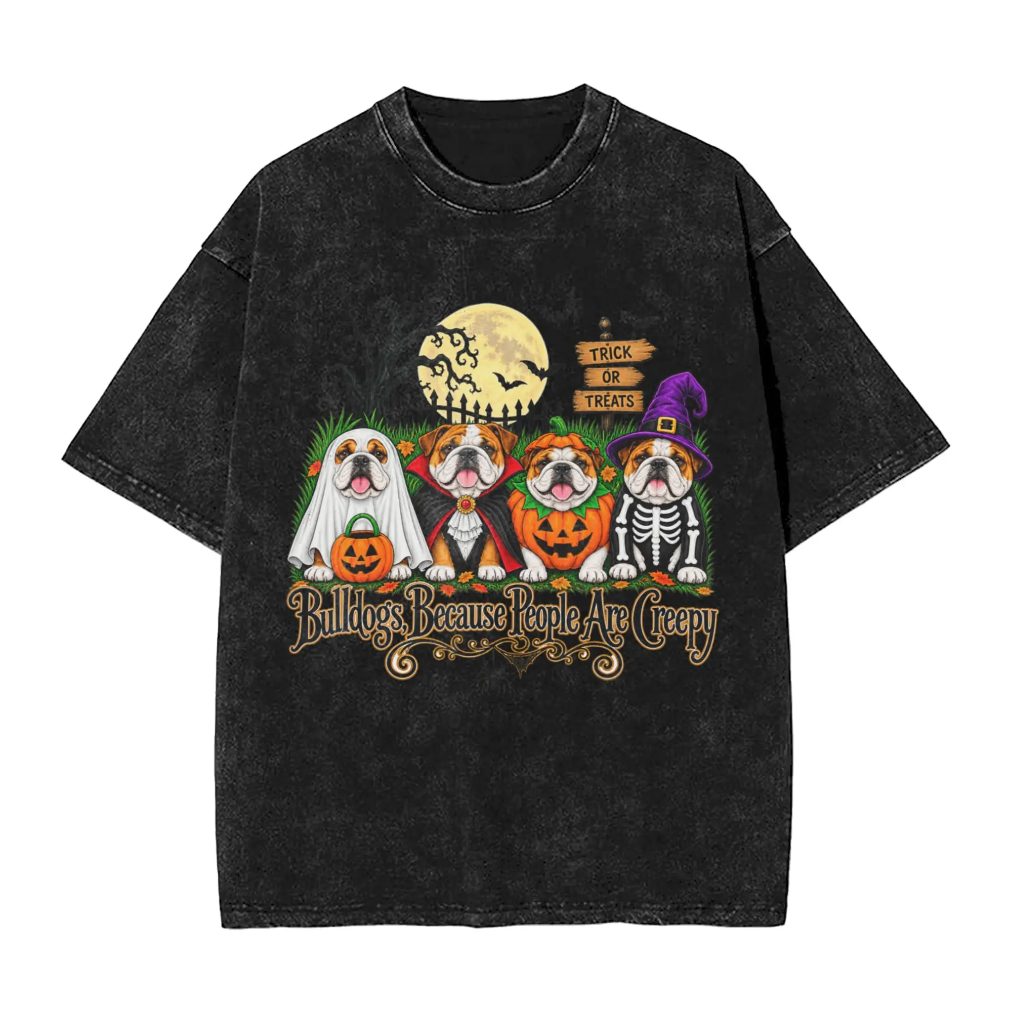 Men Women T-Shirt Bulldogs Because People are Creepy Halloween Dogs Washed T-Shirts Hippie  Summer Tee Shirt Casual Tops