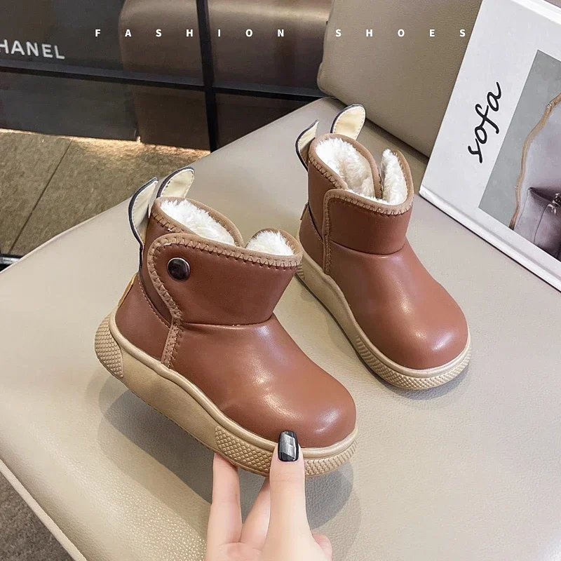 Kinder Snowboots Met Schattige Konijnenoren Meisjes Enkellaarsjes Antislip 2024 Winter Nieuwe Mode Kinderen Warme Korte Laarzen Effen Kleur