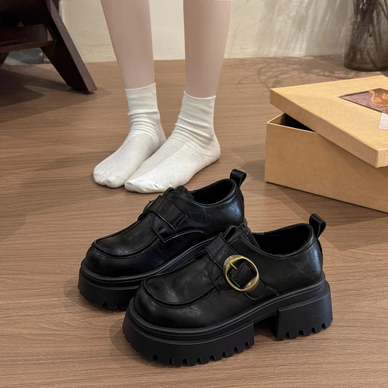 كعب مربع المتسكعون الخريف جديد جولة تو الفم العميق مشبك معدني منصة عدم الانزلاق حذاء واحد #4