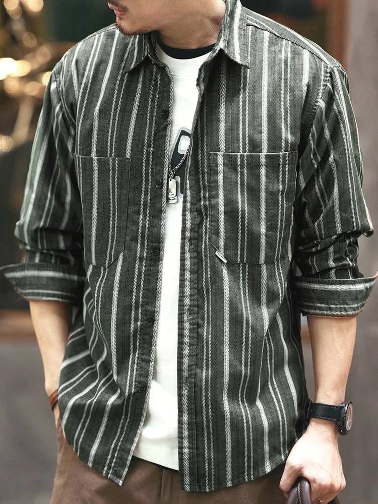 

American Retro Striped Casual Shirt Men's Long Sleeve Double Pocket Workwear Commute Shirt Loose Fit Youth Popular Style