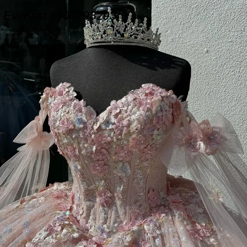 EVLAST-Vestido De quinceañera rosa brillante, 3D Apliques De encaje con flores, tul con capa, lazo, dulce 16, 15 Años, TQD282