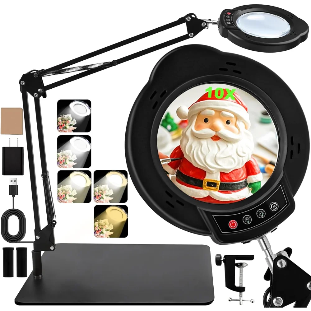

Large 10X Magnifying Glass Desk Lamp with Light and Stand, 2-in-1 Lighted Magnifier with Clamp