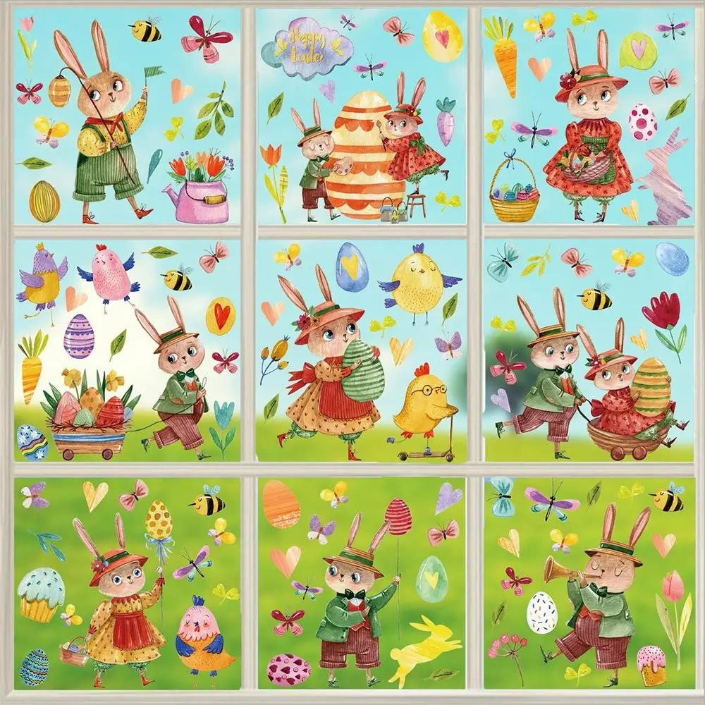 9 Sheets Cartoon Rabbit Easter Window Stickers Multicolor Electrostatic Static Sticker Ornament Cartoon Chiken Flower