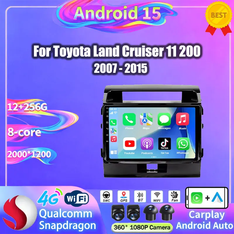 Android 15 Car Radio For Toyota Land Cruiser 11 200 2007 - 2015 Wireless Carplay Auto Stereo Multimedia Video Player 360 Camera