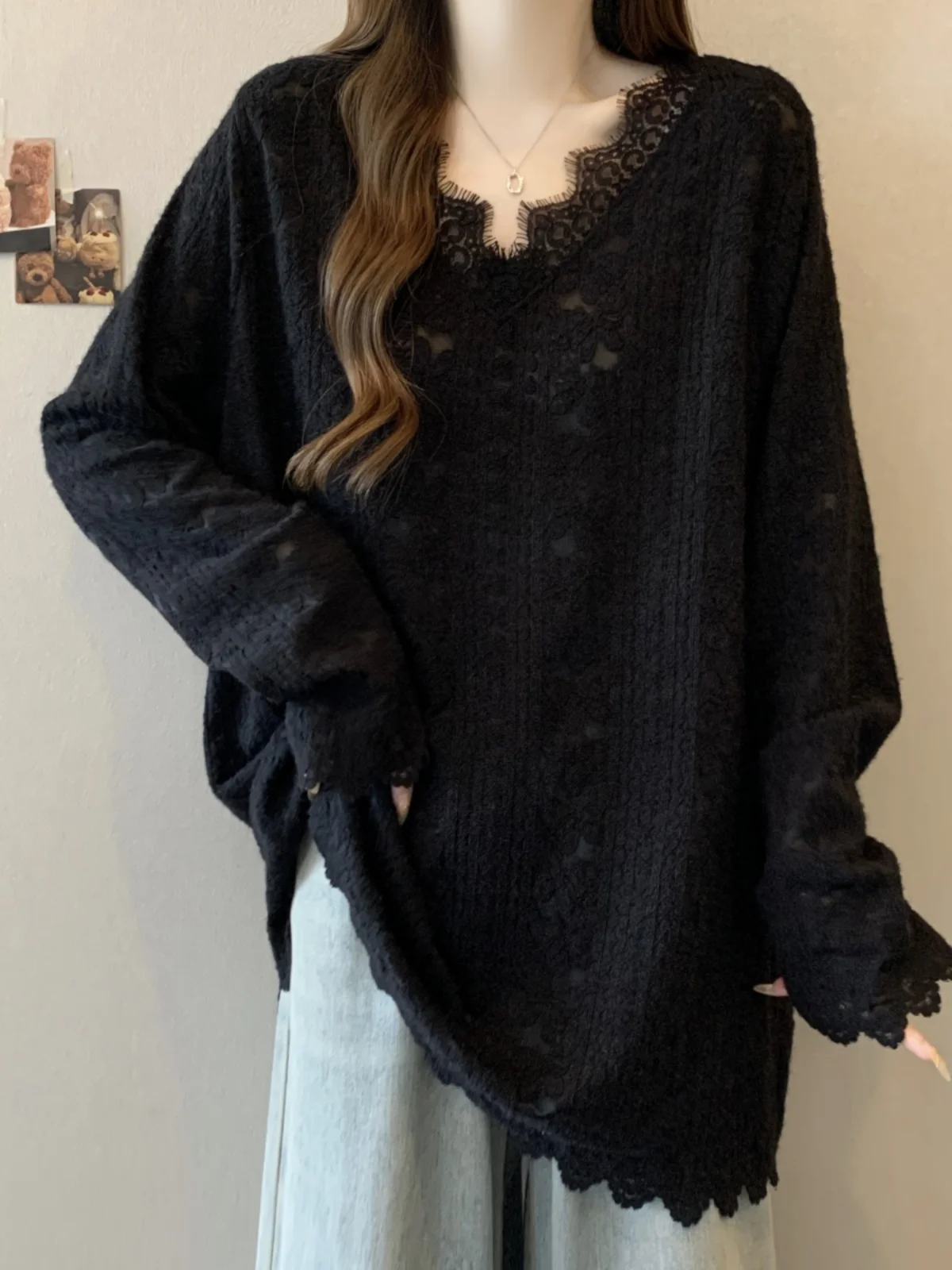 

plus Size Lace Patchwork V-Ne Long Sve Loose Midi Base irt Women Spring Autumn plus Size Loose Fit Long Sve Blouse