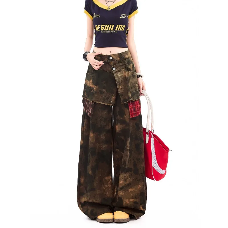 

Camouflage American High Street Checkered Spliced Jeans for Women Double Waistband Design Summer New Wide Straight Leg Pants