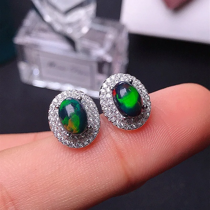 Pure Authentic 925 Sterling Silver Stud Earrings for Women Natural Black Opal with Certificate 7x5mm Elegant Fine Birthstone