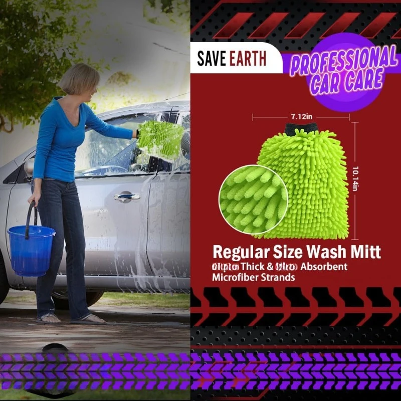 Car Wash Mitt Microfiber, 2PK-Scratch & Lint Free, Chenille Microfiber Wash Mitt-Green Regular Size (7.12''X10.14'')