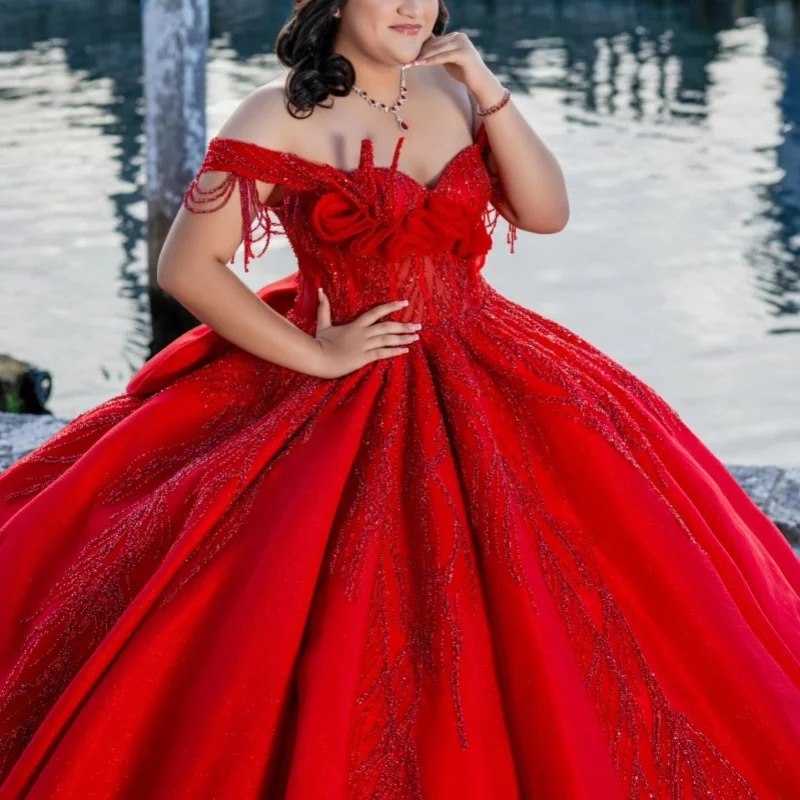 Red Quinceanera Dress Sequins Crystal Decal Long tail Lace Layering Ruffle off-shoulder Bow Vestidos De 15 Quinceanera ﻿Customiz