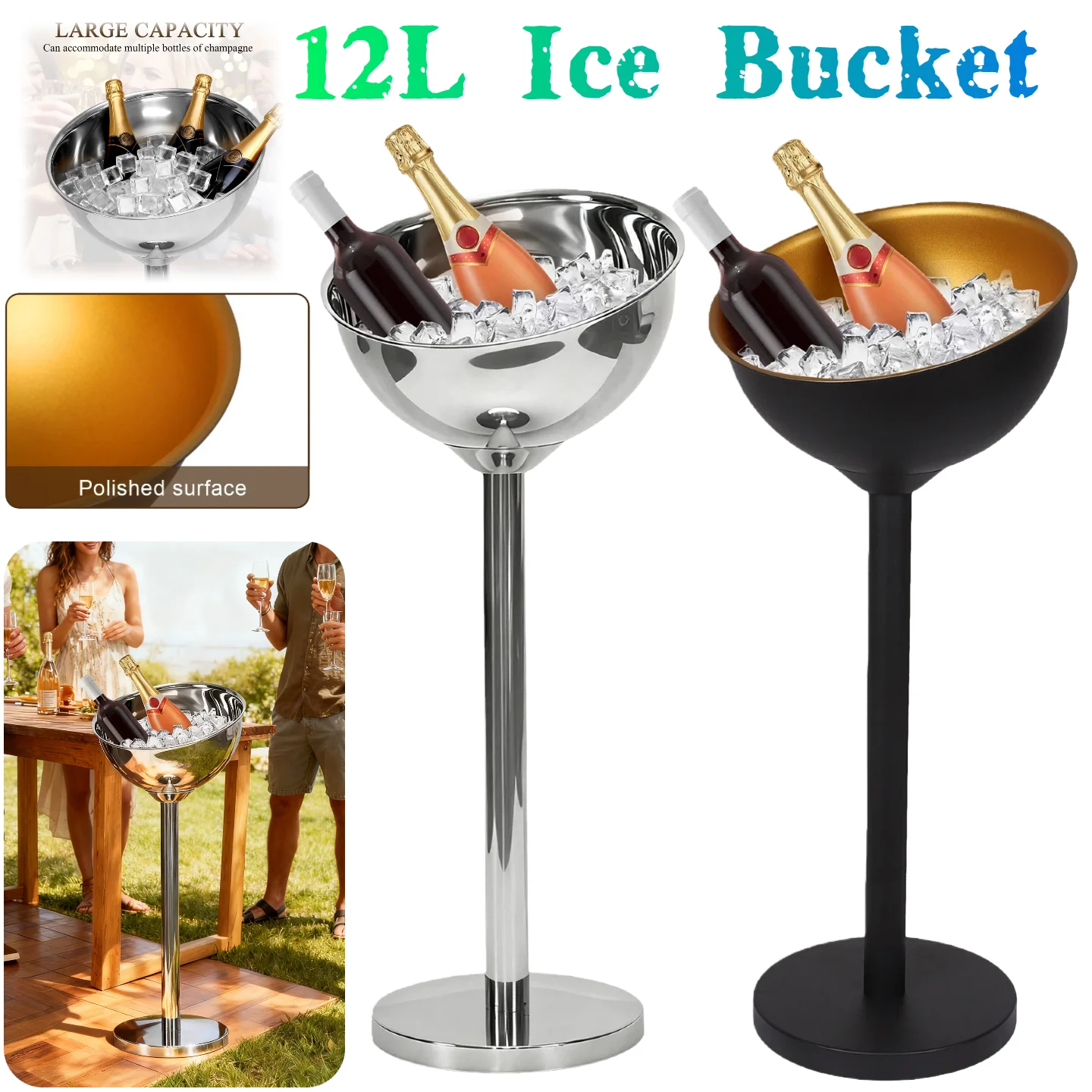 

12L Stainless Steel Ice Bucket Beverage Tub Handle Cooling Large Ice Bucket for Wine Champagne Bar Supplies for KTV Restaurants