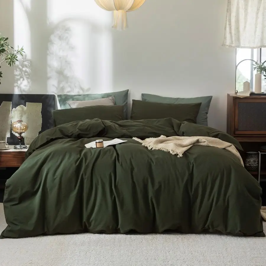 

Duvet Cover Set 100 Washed Cotton Linen Feel Super Soft Breathable Cozy 3 Pieces Bedding Sets Solid Olive Green Queen