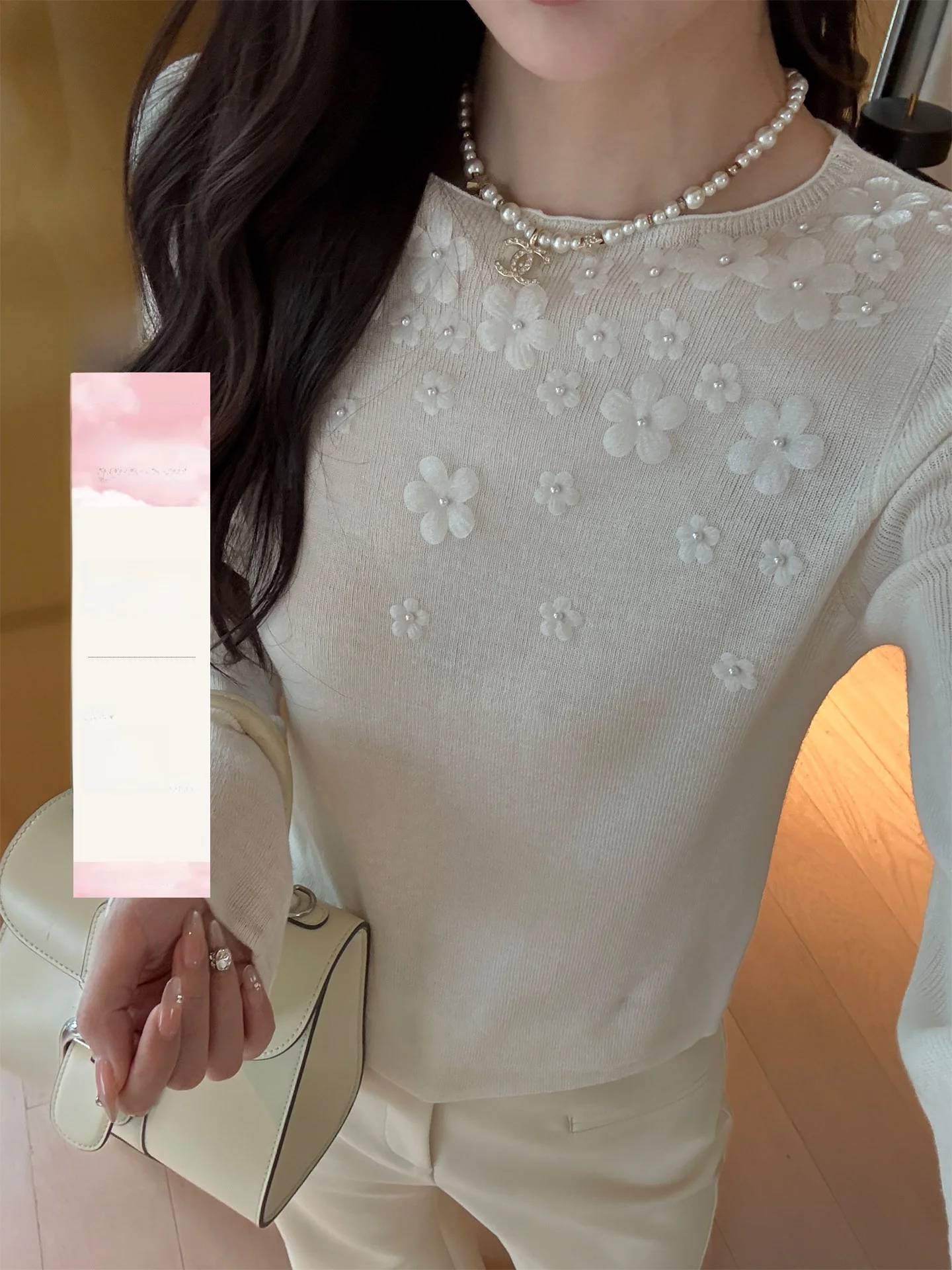 

Kun Total Women's Wool Knitted Long Sve Base irt Lazy Sle Inner Wear Top round Ne Plant Floral Embroidery Polyester ...