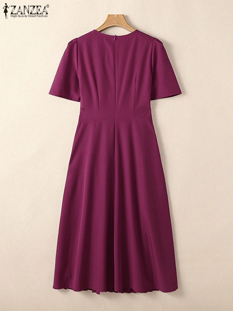 ZANZEA Korean Fashion Elegant A-line Robes Pleated O Neck Solid Women Knee-length Dress Waist-Cinched Short Sleeve Party Dress
