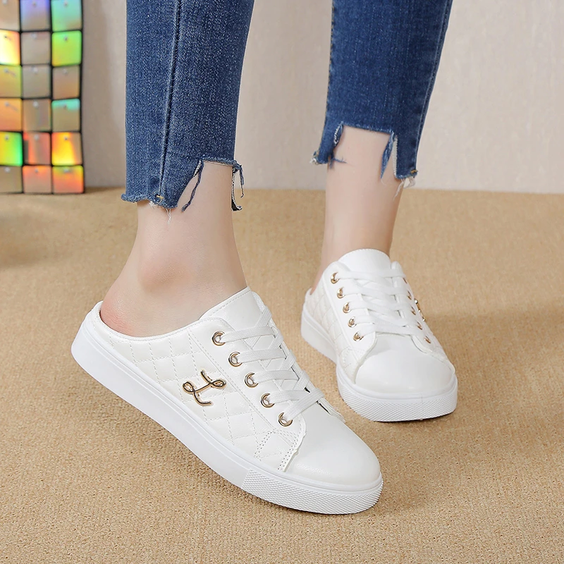 White Half Slippers Women Vulcanization Shoes Retro Low Top Flats Breathable Lazy Loafers Outdoor Walking Shoes Casual Sneakers