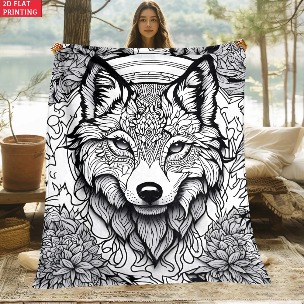 1pc 2D Flat Line Drawing Handsome Wolf Coloring Portable Throw Blanket Soft Warm Lightweight Digital Print Blanket for Travel Ca