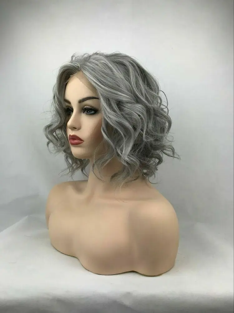 Shoulder Length T Part Lace Front Wigs Synthetic Curly Wig Wavy Gray Short Woman