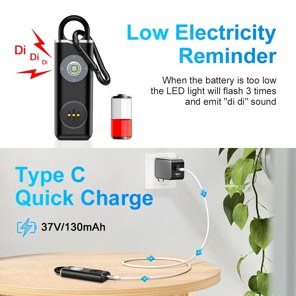 130dB Self Defense Alarm Personal Alarm for Child Women Loud Panic Alarm with LED Strobe Light Rechargeable Emergency Alarm