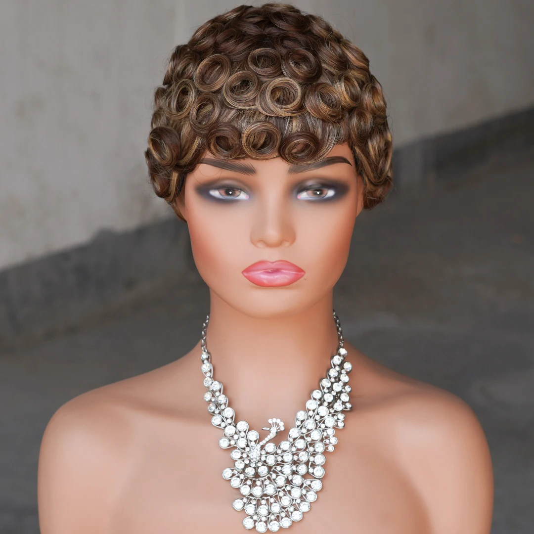 Farbe P427 Echthaar Lockige Pixie-Cut Kurzhaarperücken für Frauen 150% Dichte 6 Zoll Remy-Haar Vollständig maschinell gefertigte Perücken – Detail 11