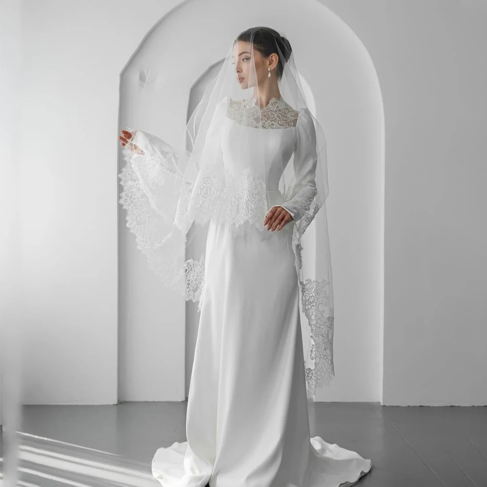 

Elegant Weddings Dresses High Neck Long Sleeve Mermaid Women Dress Garden Satin Lace Bridal Gown Customized robe de mariée