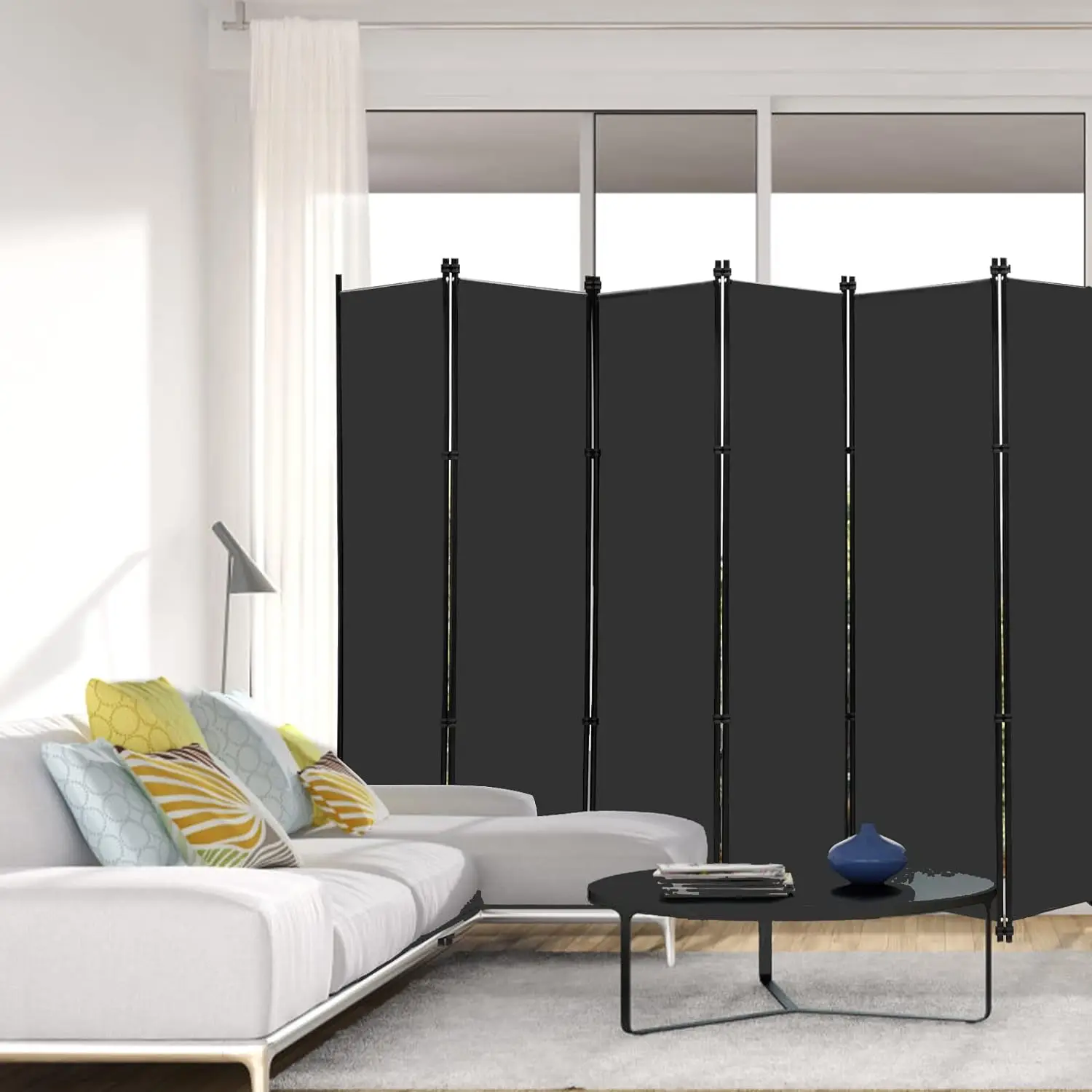 MAYOLIAH 6 Panel Folding Privacy Screen 9ft Wide, 6ft Tall Partition Room Divider Portable Office Walls Dividers, Black