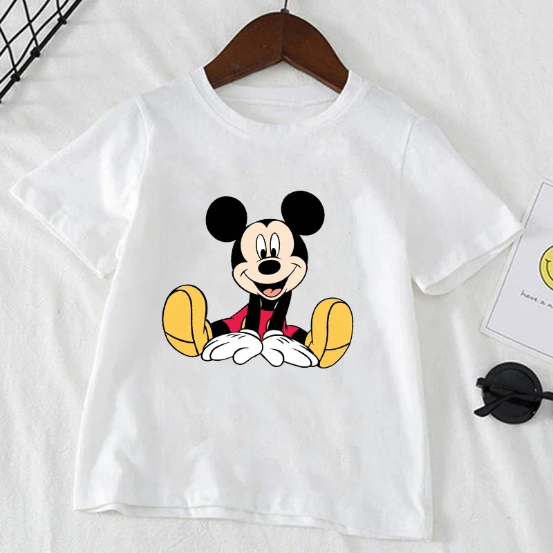 Cute Minnie Mickey Mouse Print Kids T-shirt Summer Short Sleeve White Color Tops Tees Harajuku Boys Girls Disney Tshirts Clothes