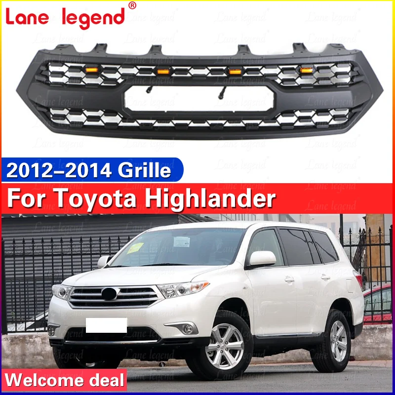 Matte Black Front Grille With Light Fits For Toyota Highlander 2012 2013 2014 Racing Grill Amber Lights Medium net