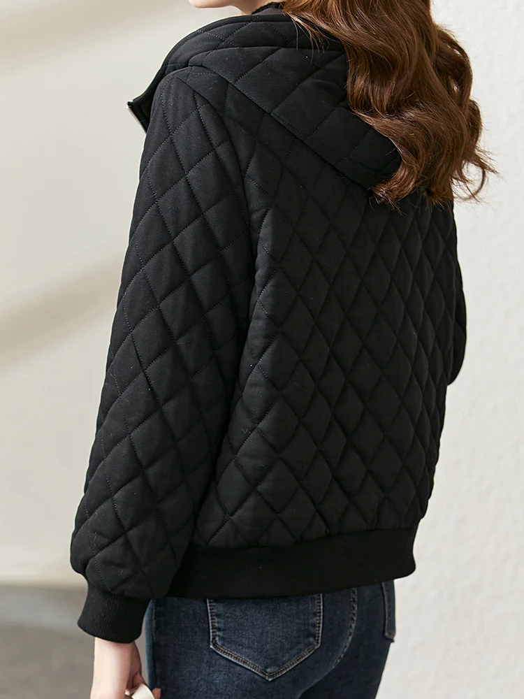 Vimly Short Black Parkas Winter Padded Jacket Coat for Women Vintage Casual Thickened Warm Long Sleeve Hooded Quilted Coat V6870